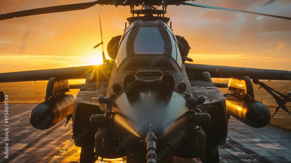 An up-close perspective of the Apache's front, the setting sun glinting ...
