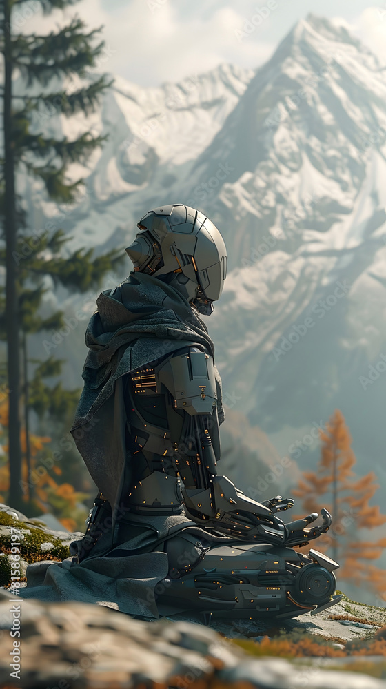 Lone Cyborg Ninja Meditating in Serene Mountain Landscape with Snow-Capped Peaks and Warm Golden Hour Lighting