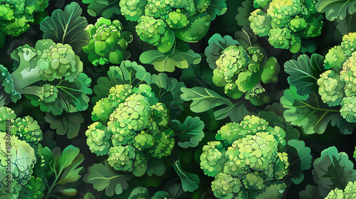 A seamless pattern of cartoon broccoli florets with leaves. photo