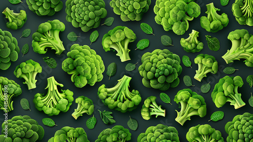 Create a seamless pattern with a dark background and bright green broccoli florets and leaves. photo