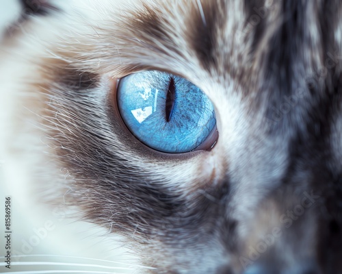 Close view of Siamese cat's striking blue eyes, mesmerizing, white background