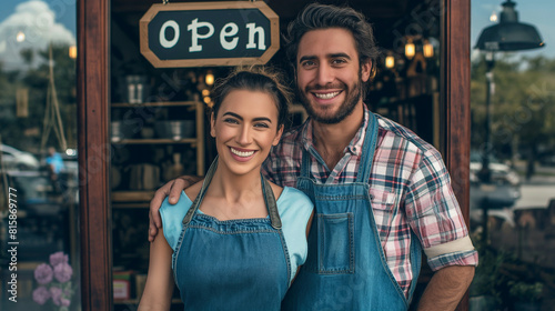 Small Business Couple Opening Shop with Open Sign, Husband and wife proudly present their store as a symbol of their hard work and dedication.