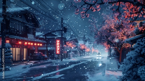 winter  rural city of japan  night time with sakura and mountain in the back
