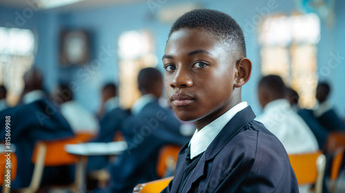 A student is in a classroom, learning at school or university. A black girl student is in the room, taking part in the learning process. This is about teenagers learning in class.
