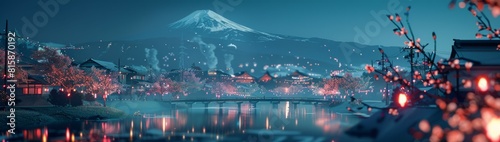 winter, rural city of japan, night time with sakura and mountain in the back