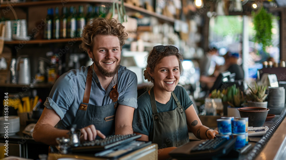 A man and woman are focused on processing orders, enhancing the cozy coffee shop experience, Barista Duo at Cash Register in Busy Coffee Shop A man and woman are focused on processing orders, enhancing the cozy coffee shop experience, Barista Duo at Cash Register in Busy Coffee Shop