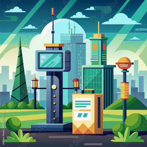 Environment monitoring station in city. Air quality and pollution detection technology. Urban health safeguard. Low poly vector illustration with 3D effect on public health background.1