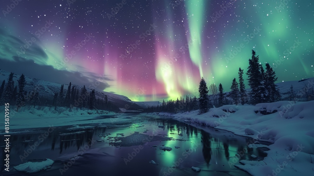 Obraz premium natural phenomena, the summer sky is illuminated by the mesmerizing green and purple colors of the aurora borealis, bringing the night to life