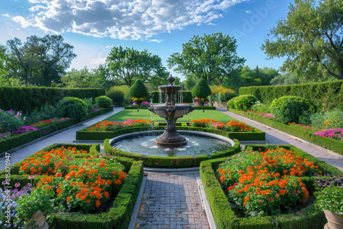 An elegant formal garden with meticulously sculpted hedges, manicured lawns, and a central fountain surrounded by colorful blooms, exuding sophistication and refinement in a harmonious symphony photo