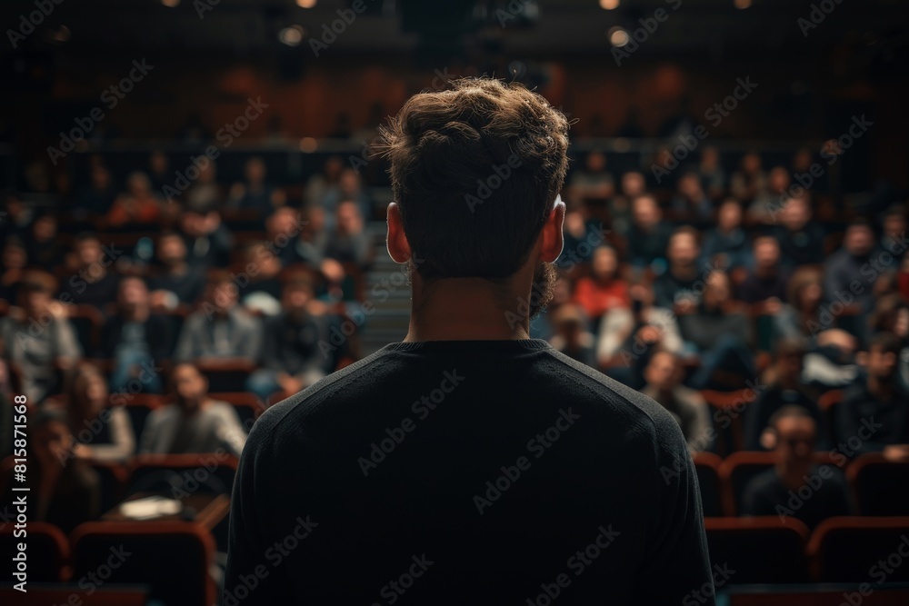 Backview of a Stylish Young Businessman in a Dark Crowded Auditorium at a Startup Summit. Young Man Talking to a Microphone During a Q and A session. Entrepreneur Happy with Event Speaker Backview of a Stylish Young Businessman in a Dark Crowded Auditorium at a Startup Summit. Young Man Talking to a Microphone During a Q and A session. Entrepreneur Happy with Event Speaker