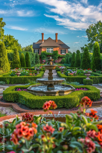 An elegant formal garden with meticulously sculpted hedges, manicured lawns, and a central fountain surrounded by colorful blooms, exuding sophistication and refinement in a harmonious symphony