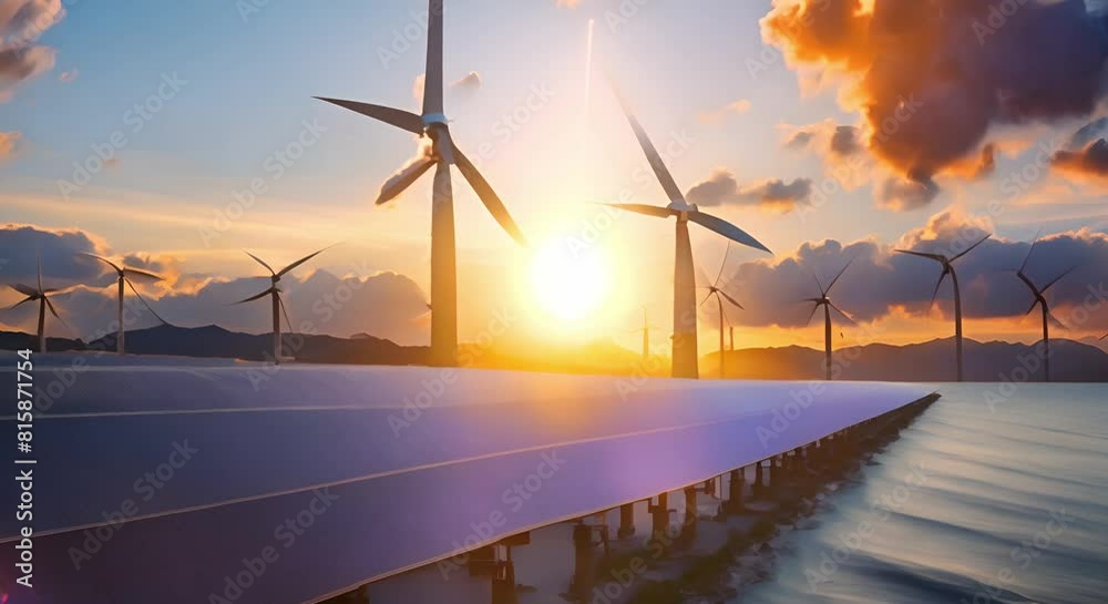 Renewable energy sources like solar wind and sea for sustainable power. Concept Renewable Energy Sources, Solar Power, Wind Energy, Sea Power, Sustainable Power