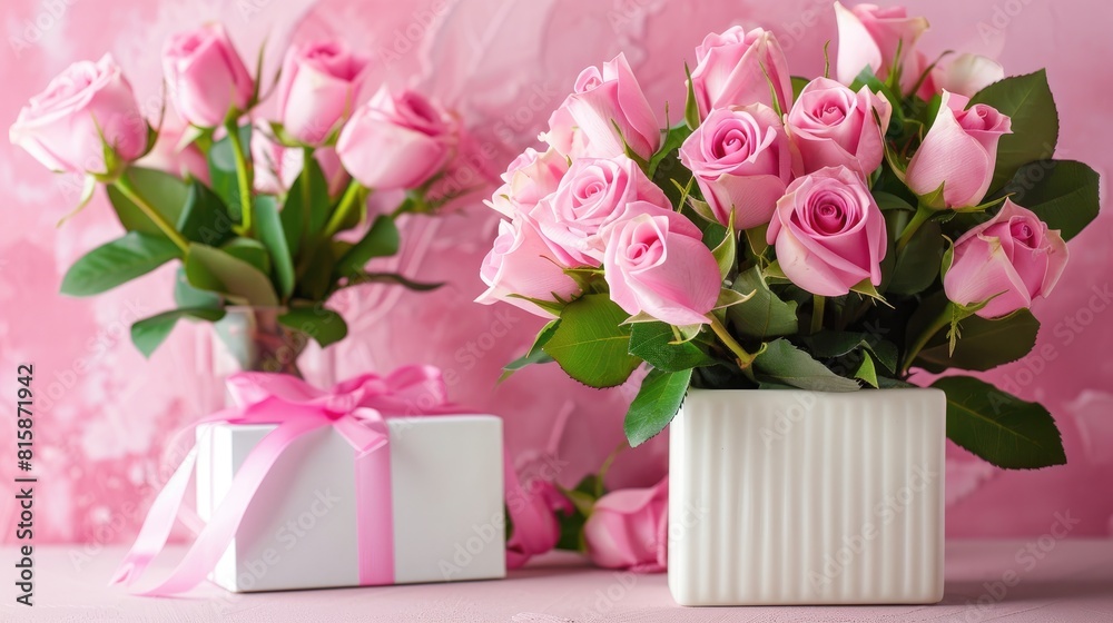 a roses bouquet nestled in a white vase alongside a heart-shaped gift box, set against a light pastel background in a minimalistic style, providing ample copy space for heartfelt messages. a roses bouquet nestled in a white vase alongside a heart-shaped gift box, set against a light pastel background in a minimalistic style, providing ample copy space for heartfelt messages.