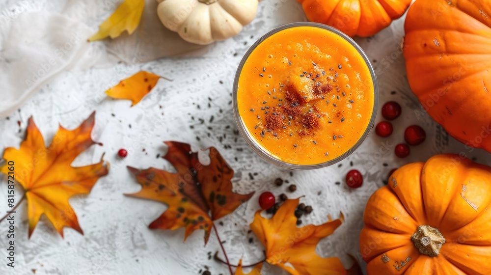 Smoothie made from pumpkin placed on a table with a white surface Smoothie made from pumpkin placed on a table with a white surface
