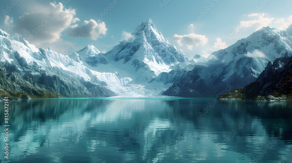 Naklejka premium Majestic Snowy Mountains Reflected in Tranquil Crystal-Clear Lake with Vibrant Aurora Borealis in the Sky