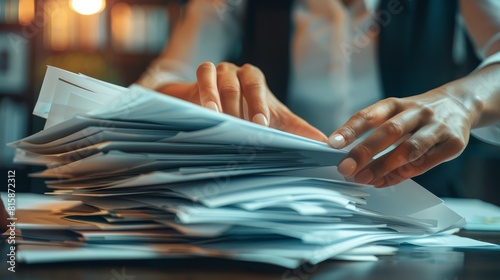 Focus on a businesswoman's hands placing a fresh stack of documents into an existing pile, portrait, realistic, Blend mode, illustrating organization and control in a hectic setting