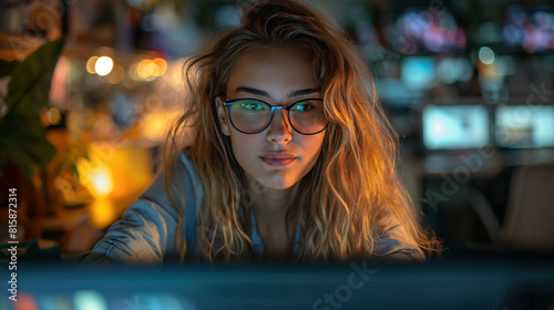 Young Woman with Glasses Working Late at Night on Computer