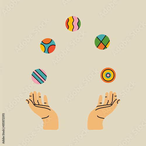 Circus elements in modern flat, line style. Hand drawn vector illustration of juggling hands with balls, Isolated graphic design elementWeb