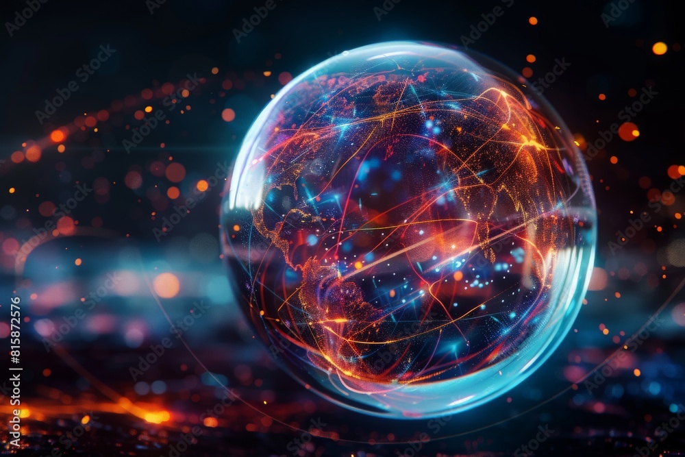 Obraz premium Futuristic energy sphere on black background representing AI and future technologies . 3D design element