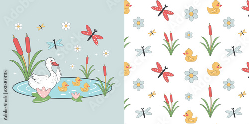 A children s drawing with cute ducklings  a goose floating on the water. Seamless pattern  cute vector texture for baby bedding  fabric  wallpaper  wrapping paper  textiles and more.