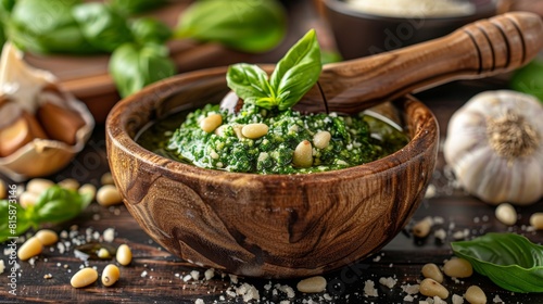 homemade pesto recipe, a wooden pestle grinds basil, pine nuts, garlic, and parmesan to make a flavorful pesto sauce, filling the air with enticing aromas photo