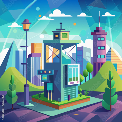 Environment monitoring station in city. Air quality and pollution detection technology. Urban health safeguard. Low poly vector illustration with 3D effect on public health background.