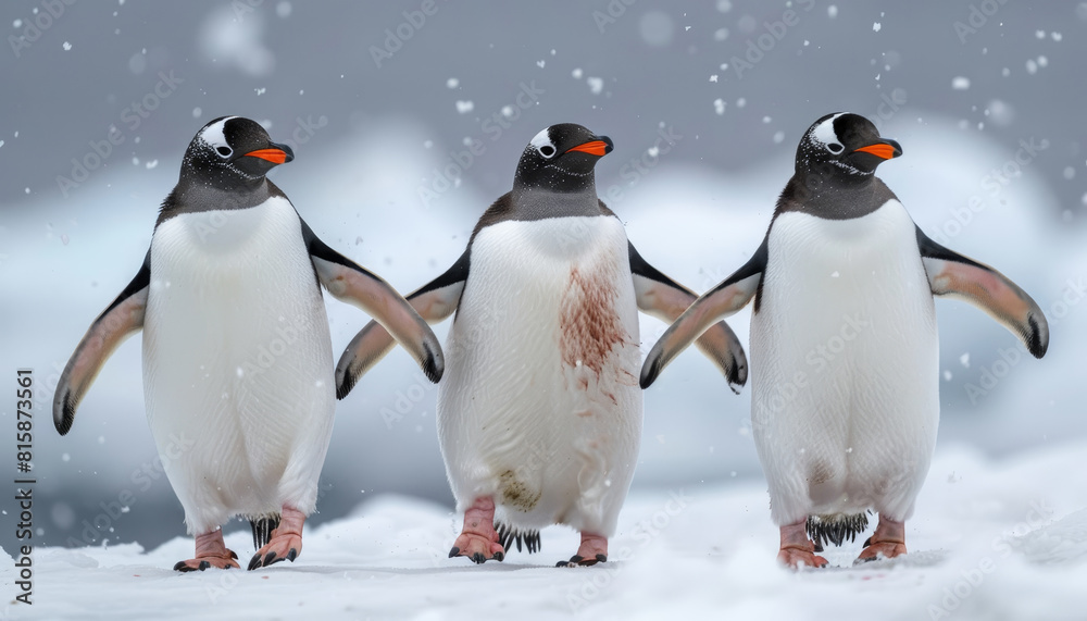 Fototapeta premium Three penguins standing on a snowy surface by AI generated image