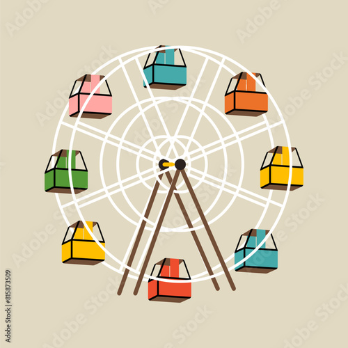 Circus elements in modern flat, line style. Hand drawn vector illustration of ferris wheel attraction, Isolated graphic design element
