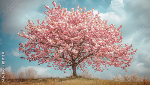 A detailed photograph showcasing a single cherry blossom tree in full bloom, its delicate pink flowers creating a stunning contrast against a clear spring day