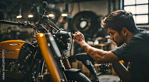 Zweiradmechatronikerin repariert ein Motorrad in der Werkstatt photo