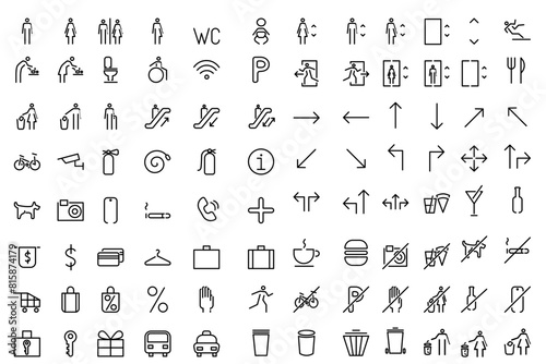 Shopping center, mall information sign set. Public building vector signs. Editable strokes. For restroom, toilet, elevator, fire exit, garbage. Directions and prohibition pictograms 