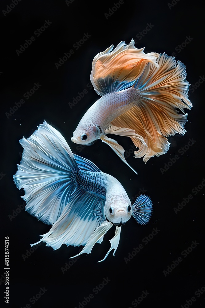Painting like real The moving moment beautiful of two fish one is white and other is blue betta fish or dumbo betta splendens fighting fish on black background, Painting like real The moving moment beautiful of two fish one is white and other is blue betta fish or dumbo betta splendens fighting fish on black background,