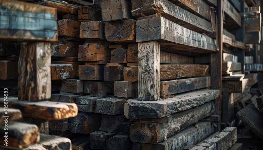 A stack of wood is piled high in a warehouse by AI generated image A stack of wood is piled high in a warehouse by AI generated image