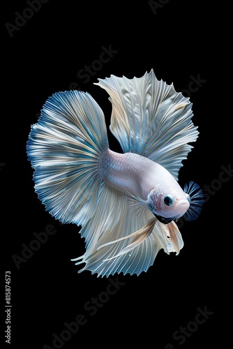 The moving moment beautiful of white and blue betta fish or dumbo betta splendens fighting fish in thailand on black background © Svay Vibol