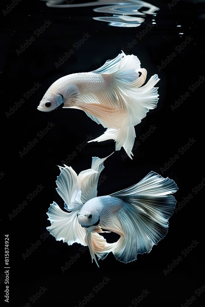 The moving moment beautiful of white and blue betta fish or dumbo betta splendens fighting fish in thailand on black background, The moving moment beautiful of white and blue betta fish or dumbo betta splendens fighting fish in thailand on black background,