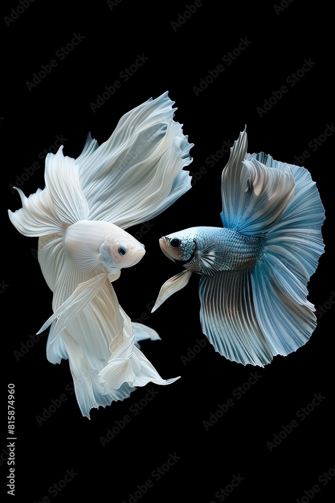 The moving moment beautiful of two fish one is white and other is blue betta fish or dumbo betta splendens fighting fish on black background, The moving moment beautiful of two fish one is white and other is blue betta fish or dumbo betta splendens fighting fish on black background,