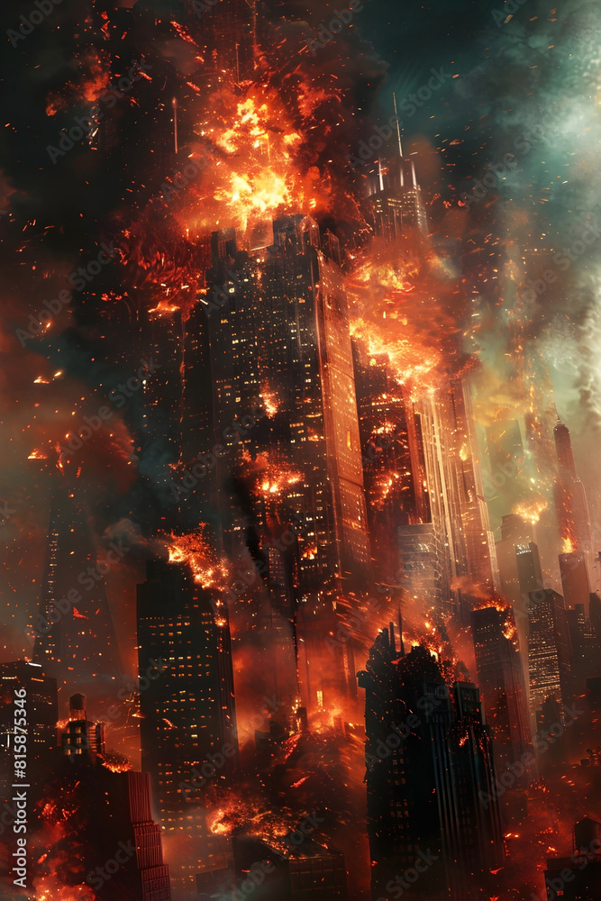 Fototapeta premium Nightmarish Horned Entity Obliterating a Modern Metropolis in Roaring Flames, Cityscape Reduced to Smoldering Ruins in Expressionistic Digital