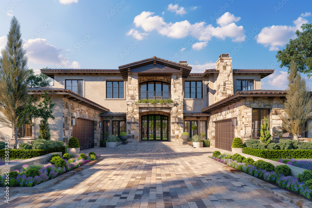 Fototapeta premium Exterior view of a luxury wear house with a rustic stone facade and elegant landscaping, viewed straight on.