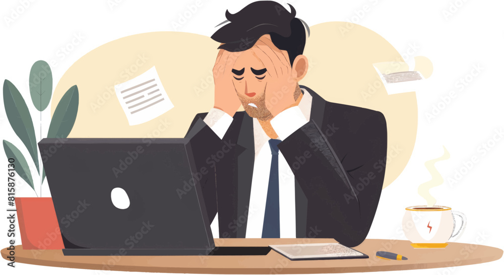 Illustration of a Tired Businessman at Work with Laptop