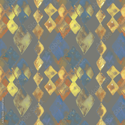 A seamless pattern with watercolor abstract diamonds in gold and blue. Rhombus forms blending into gray background. Design for textile, packaging, covers, surfaces, fabric. Geometry theme (ID: 815876160)