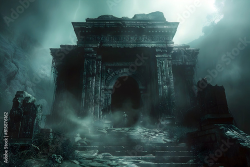 Ominous Cthonic Temple Emerging from Shadowy Depths with Eldritch Architecture and Haunting Atmosphere