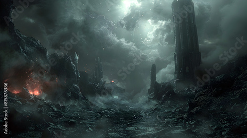 Ominous and Chthonic Netherworld Landscape Shrouded in Grim Haze of Dark Mythology and Malevolent Eldritch Energy photo
