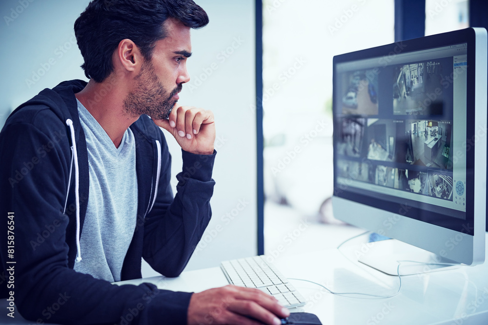 Security, screen and man on computer for surveillance, tracking and investigating for crime in building. Camera, hacker and person online for cybersecurity, searching and monitoring or inspection