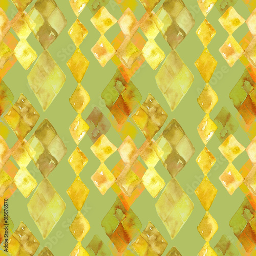 A seamless pattern with watercolor abstract diamonds in yellow and gold. Rhombus forms blending into green background. Design for textile, packaging, covers, surfaces, fabric. (ID: 815876570)
