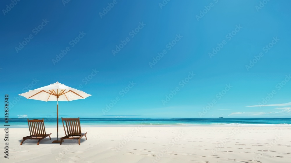  a single white beach umbrella with two wooden chairs, positioned in the left of the frame, on an empty white sand beach , on an empty white sand beach under a clear blue sky, 