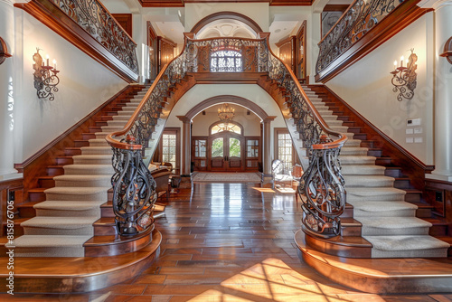 A luxurious entryway with a grand wooden staircase adorned with ornate wrought iron balusters, leading to a high-ceilinged, light-filled foyer.