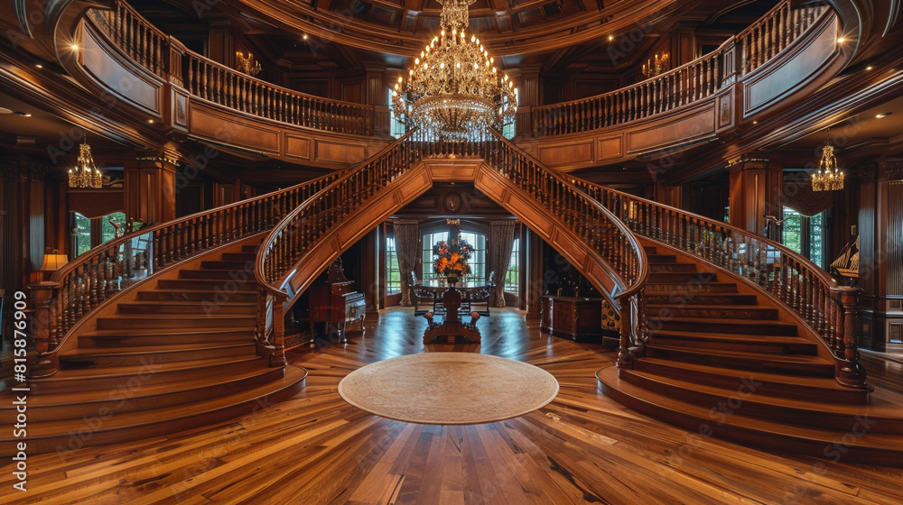 A luxurious home with a double-height ceiling and a sweeping wooden staircase that wraps around an elegant chandelier, creating a dramatic focal point.