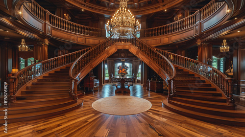 A luxurious home with a double-height ceiling and a sweeping wooden staircase that wraps around an elegant chandelier  creating a dramatic focal point.
