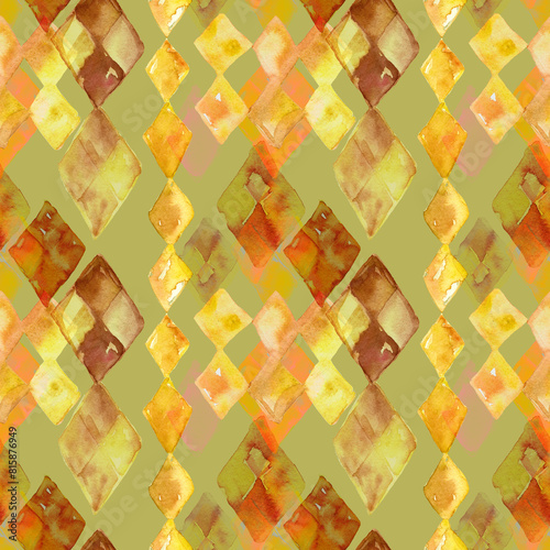 A seamless pattern with watercolor abstract diamonds in yellow and gold. Rhombus forms blending into green background. Design for textile, packaging, covers, surfaces, fabric. (ID: 815876949)