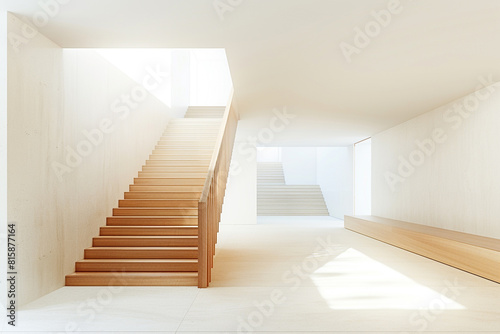 A minimalist interior with a cantilevered wooden staircase without railings  creating a clean and airy atmosphere with white walls and a light wood finish.